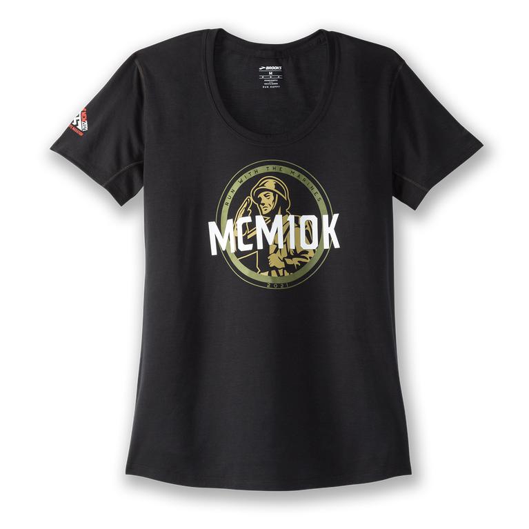 Brooks MCM21 Distance Graphic tee Womens Short Sleeve Running Shirt - Black/white/Gold 10K - Indones